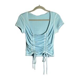 Just Polly Blue Ribbed Cropped Short Sleeve Cinched Top Size Medium